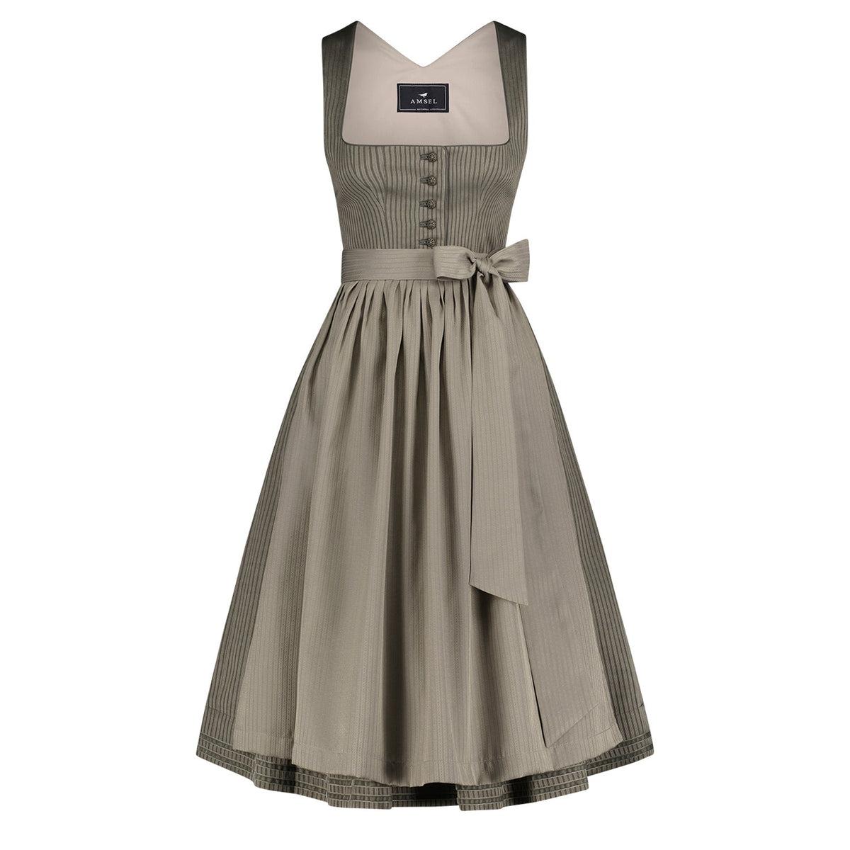 Dirndl Mina in Taupe mit strukturierter Schürze – elegantes Mididirndl mit Knopfleiste