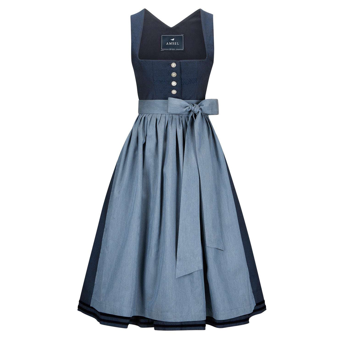 Dirndl Pippa in Dunkelblau mit passender Viskoseschürze – elegantes Mididirndl mit Jacquardmieder