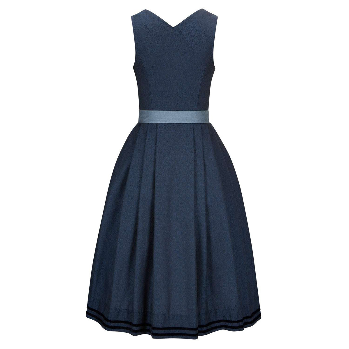 Rückansicht Dirndl Pippa Dunkelblau mit schön fallendem Rock und Münzknöpfen