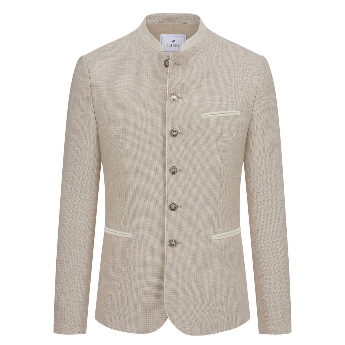 Janker in Creme mit hellen Paspeln, Stehkragen mit Ton-in-Ton-Stickerei und klassischen Münzknöpfen – Vorderansicht