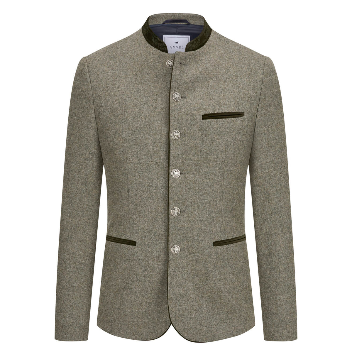 Janker Maxvorstadt in Schilf mit olivgrünem Samtkragen, paspelierten Taschen und Münzknöpfen – klassische Vorderseite