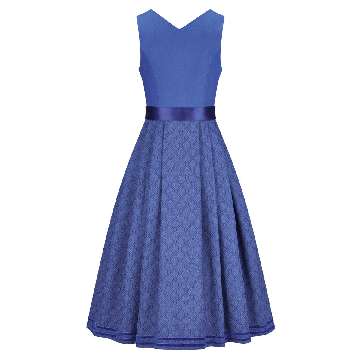 Rückansicht des Dirndl Nele in Blau mit Leinenmieder und schön fallendem Baumwollrock