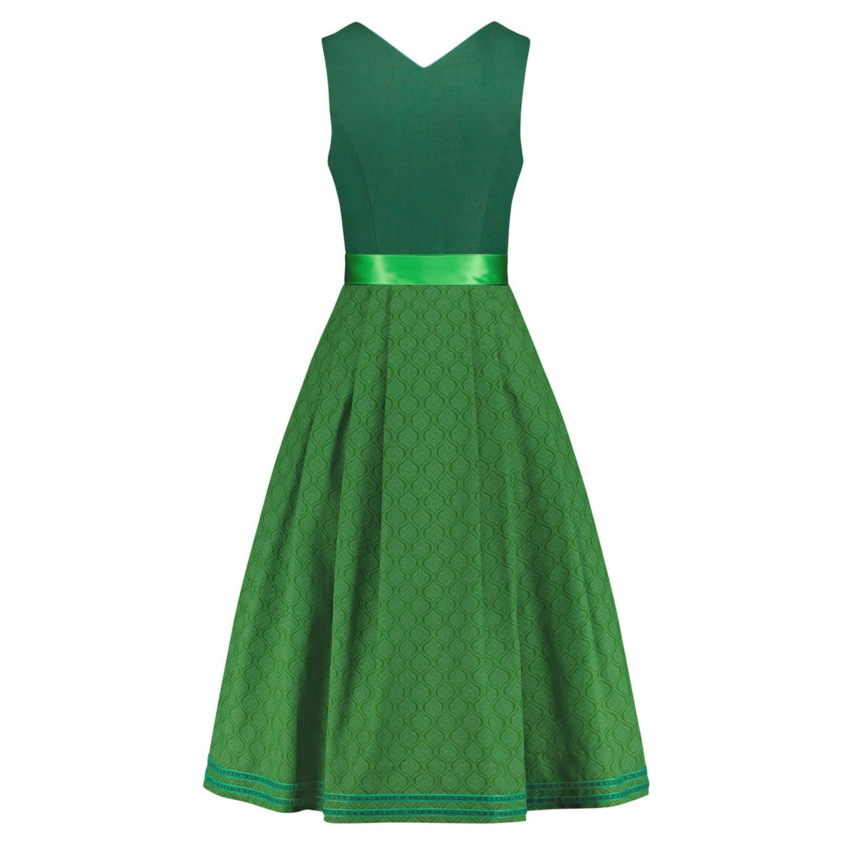 Rückansicht des Dirndl Nele in Grün mit Leinenoberteil und schön fallendem Rock aus Baumwolle