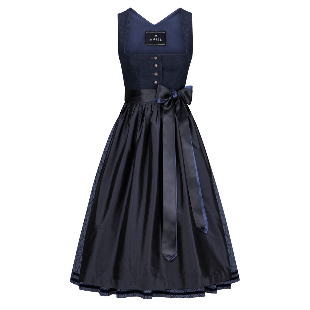 Leinendirndl Nele in Navy mit naturfarbener Dupionseidenschürze – klassisches Mididirndl mit Satinbändern