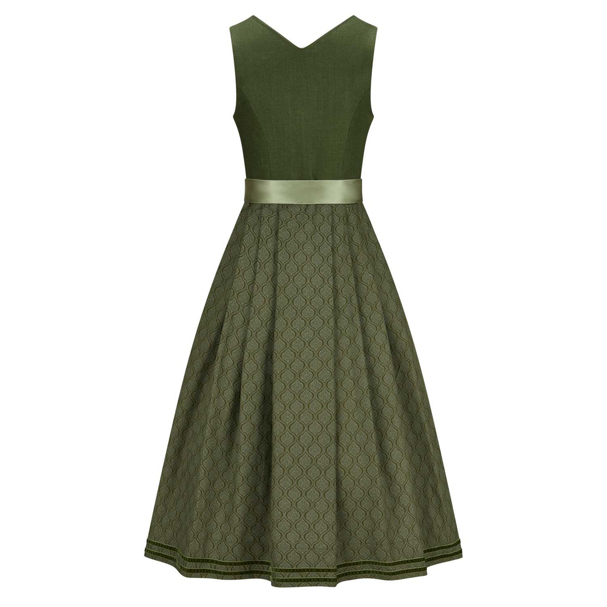 Rückansicht des Dirndl Nele in Oliv mit Leinenmieder und schön fallendem Rock aus Baumwolle.