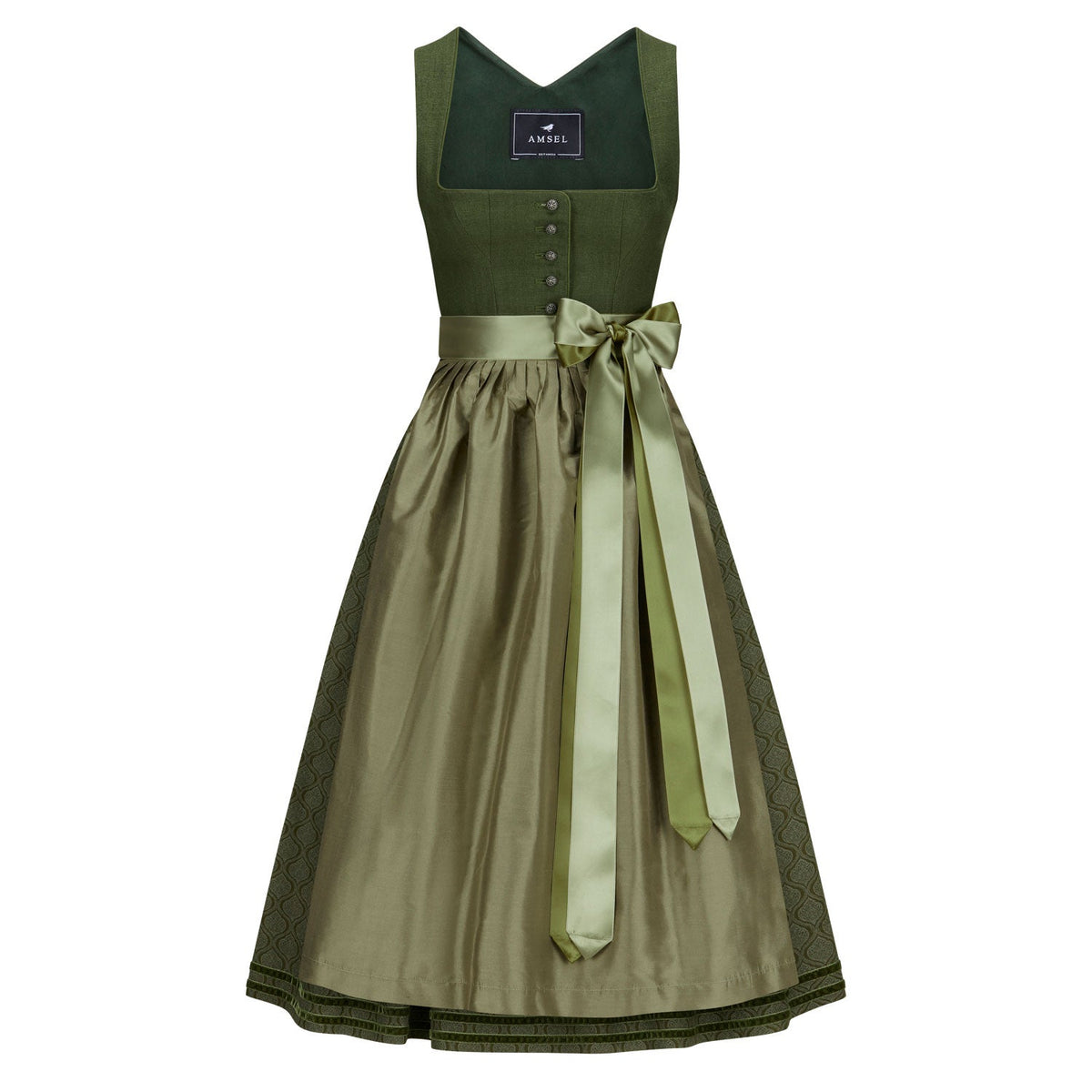 Leinendirndl Nele in Oliv mit khaki Seidenschürze und Satinbändern – luftiges Mididirndl für warme Tage.