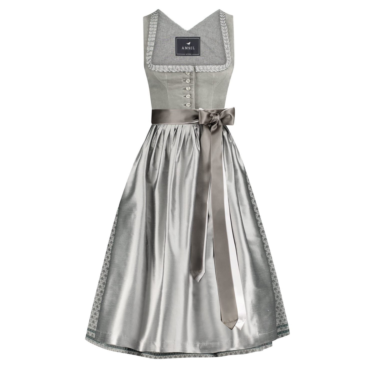 Dirndl Anni in Grau mit gleichfarbiger Seidenschürze – Mididirndl aus Baumwollsamt von Amsel