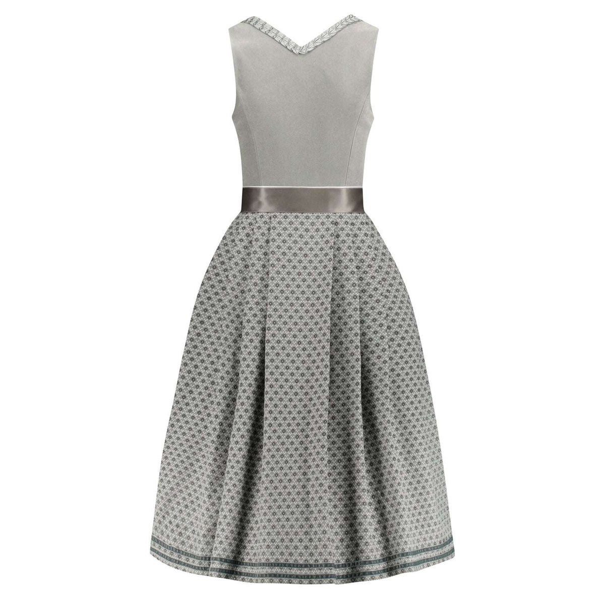 Rückansicht Samtdirndl Anni in Grau mit schön fallendem Rock und Knopfleiste