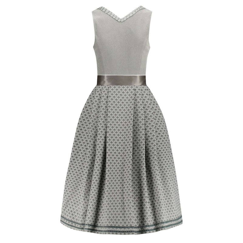 Rückansicht Samtdirndl Anni in Grau mit schön fallendem Rock und Knopfleiste