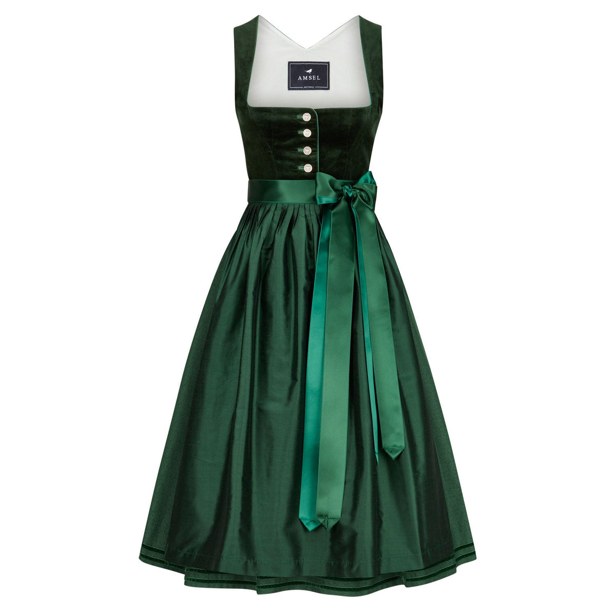 Dirndl Barbara in Grün mit Seidenschürze und Münzknöpfen – edles Mididirndl von Amsel