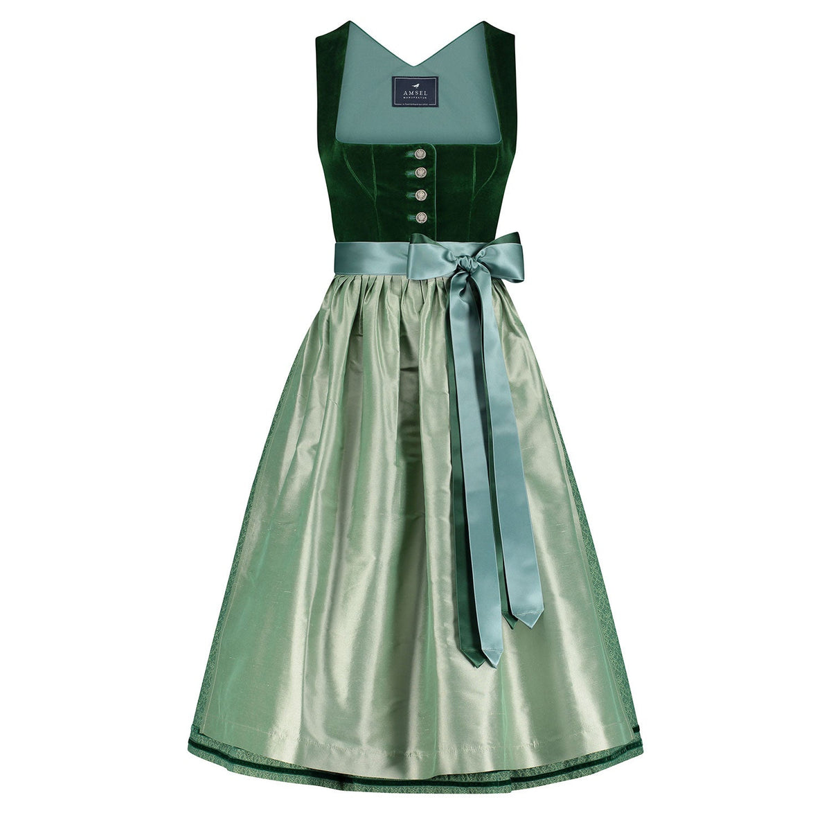 Dirndl Barbara in Flaschengrün mit grünfarbener Seidenschürze und Münzknöpfen – Mididirndl aus Baumwollsamt