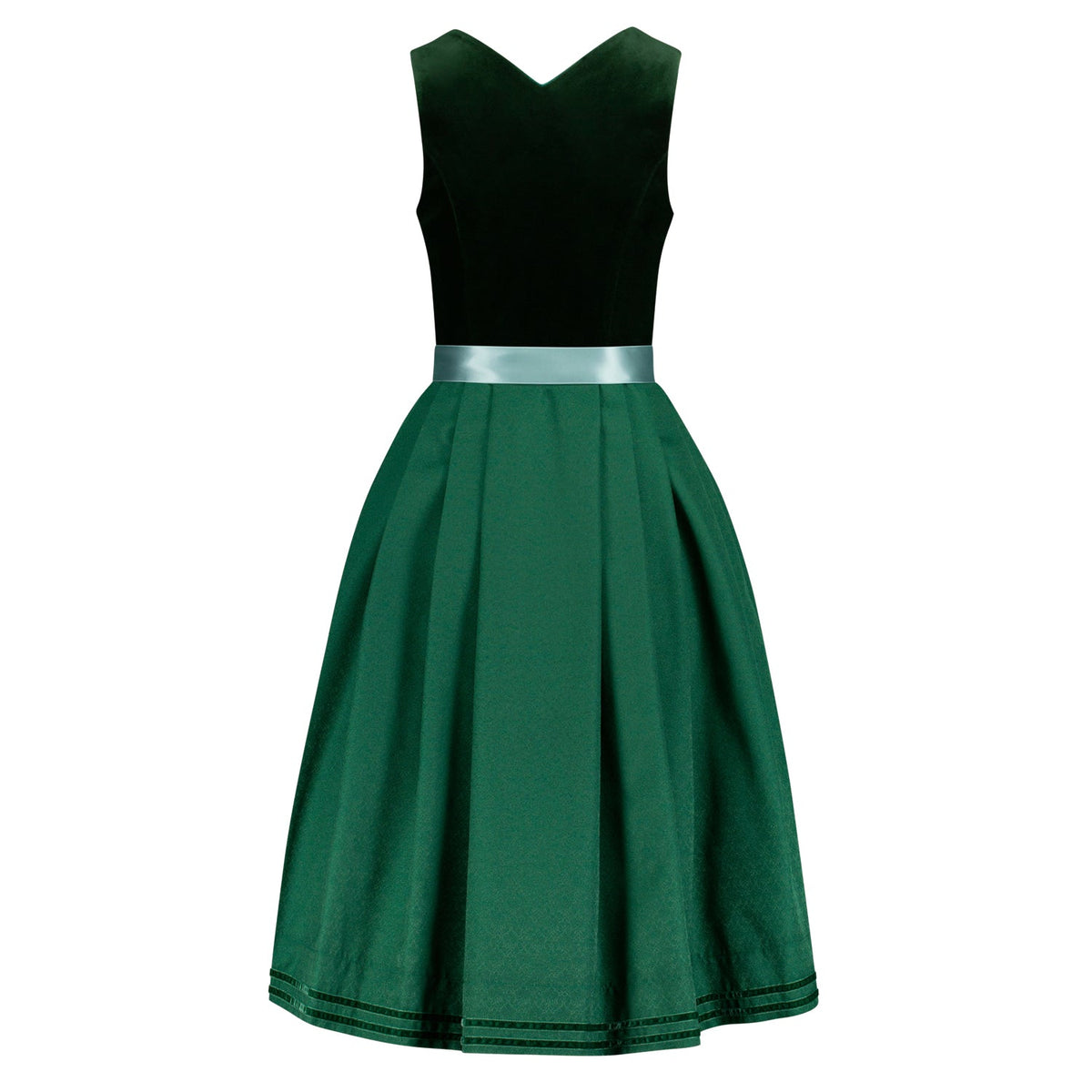 Rückansicht des Dirndl Barbara in Flaschengrün mit schön fallendem Rock