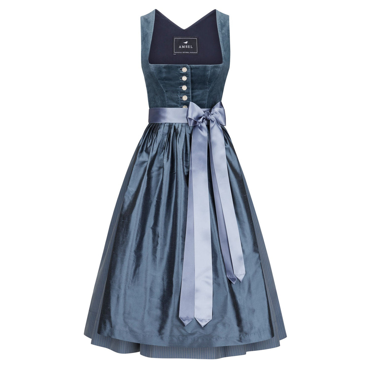 Dirndl Fiona in Blau mit Seidenschürze – edles Mididirndl aus Baumwollsamt