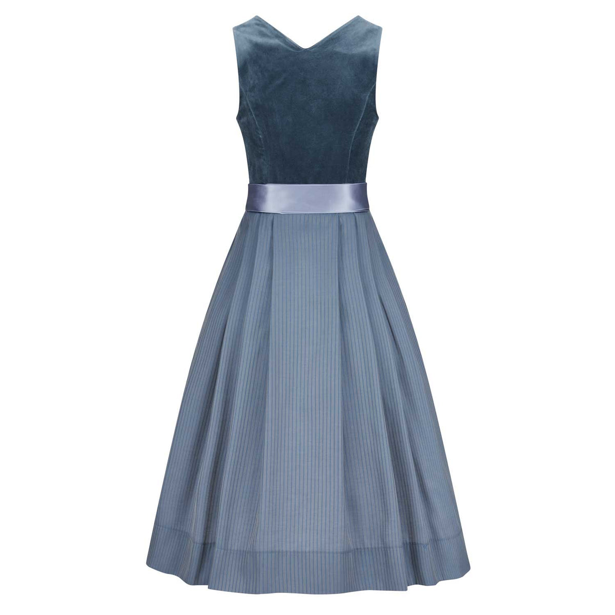 Rückansicht des Dirndl Fiona mit gestreiftem Rock und klassischer Knopfleiste