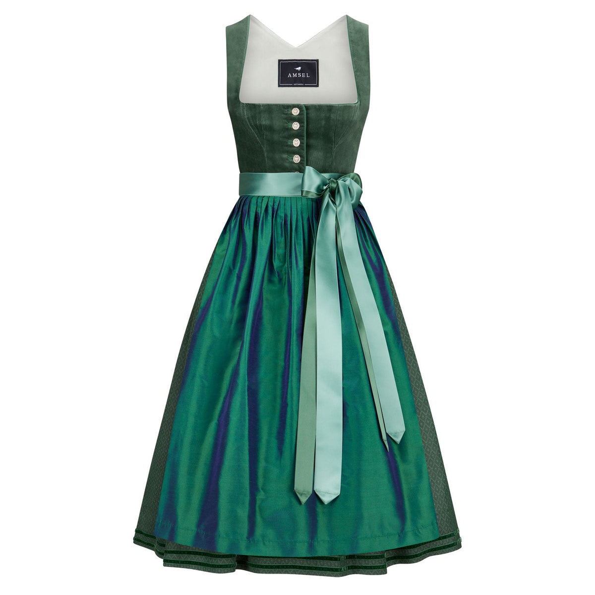 Samtdirndl Lisa in Grün mit petrolfarbener Seidenschürze und Satinbändern – klassisches Mididirndl mit stretchigem Samtmieder