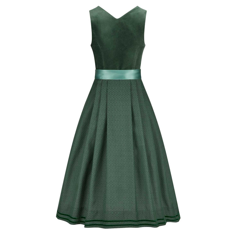 Rückansicht des Dirndl Lisa in Grün mit Baumwollsamt-Mieder und schön fallendem Rock