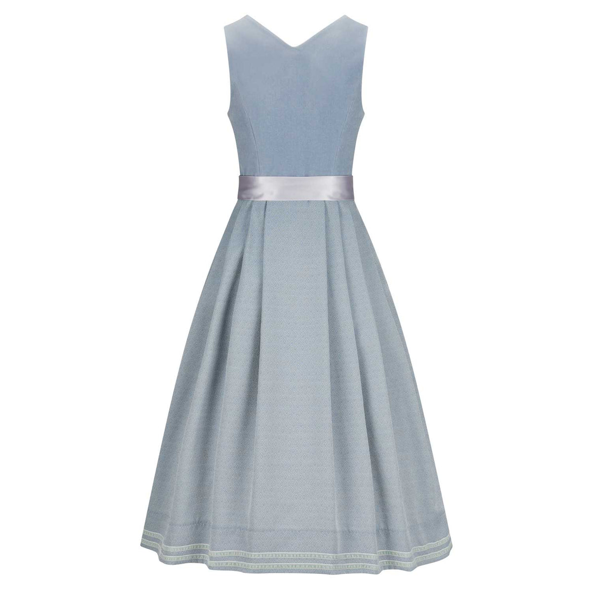 Rückansicht des Dirndl Lisa in Hellblau mit stretchigem Samtmieder und schön fallendem Rock