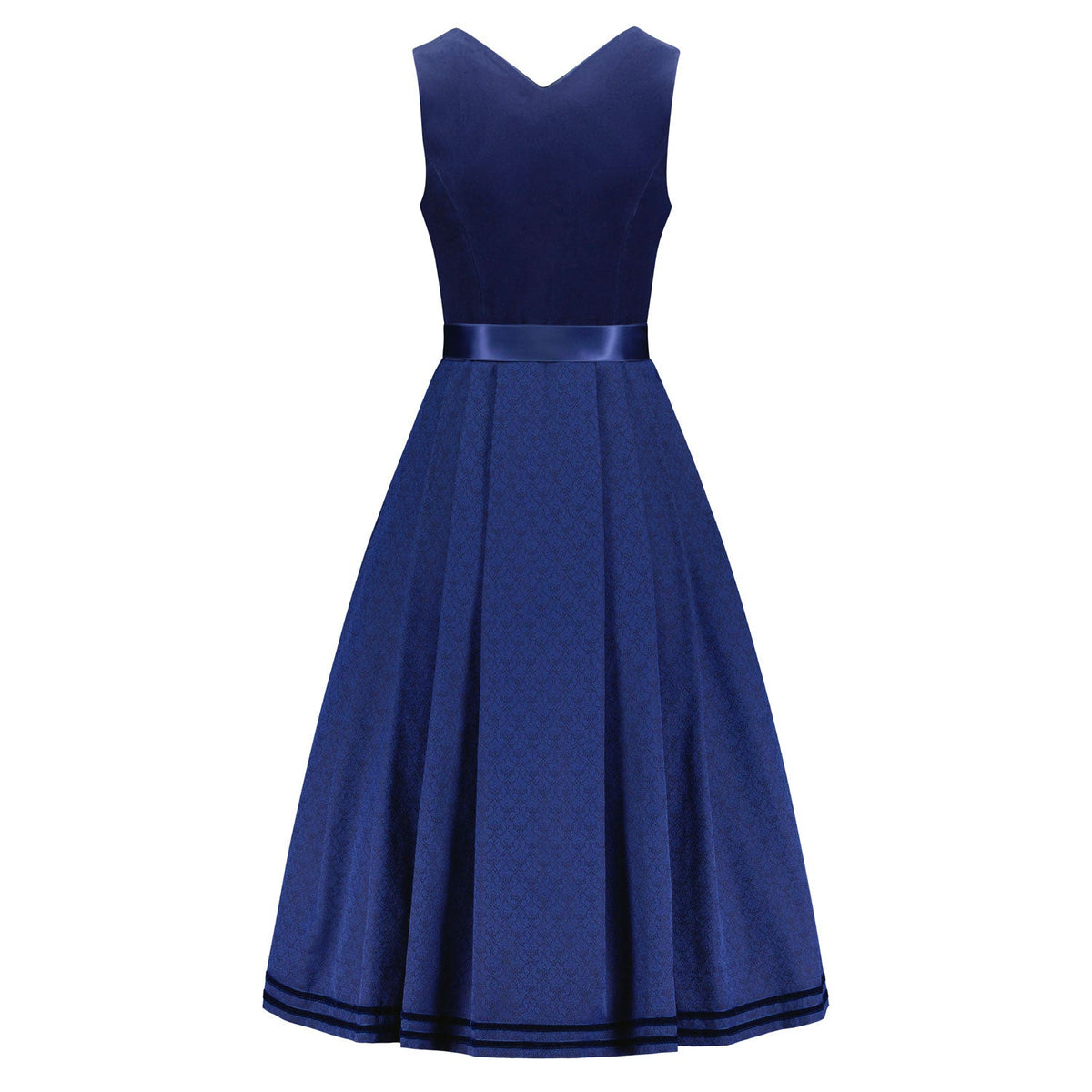 Rückansicht des Dirndl Mara in Blau mit stretchigem Samtmieder und schön fallendem Rock