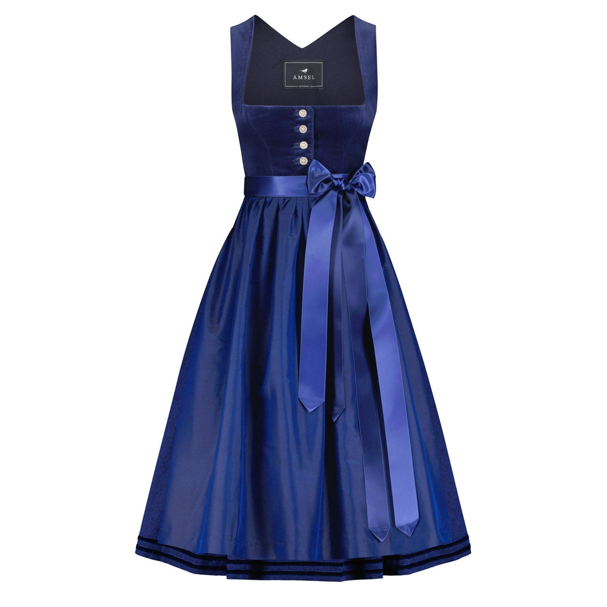 Samtdirndl Mara in Blau mit naturfarbener Seidenschürze und Satinbändern – klassisches Mididirndl aus Baumwollsamt