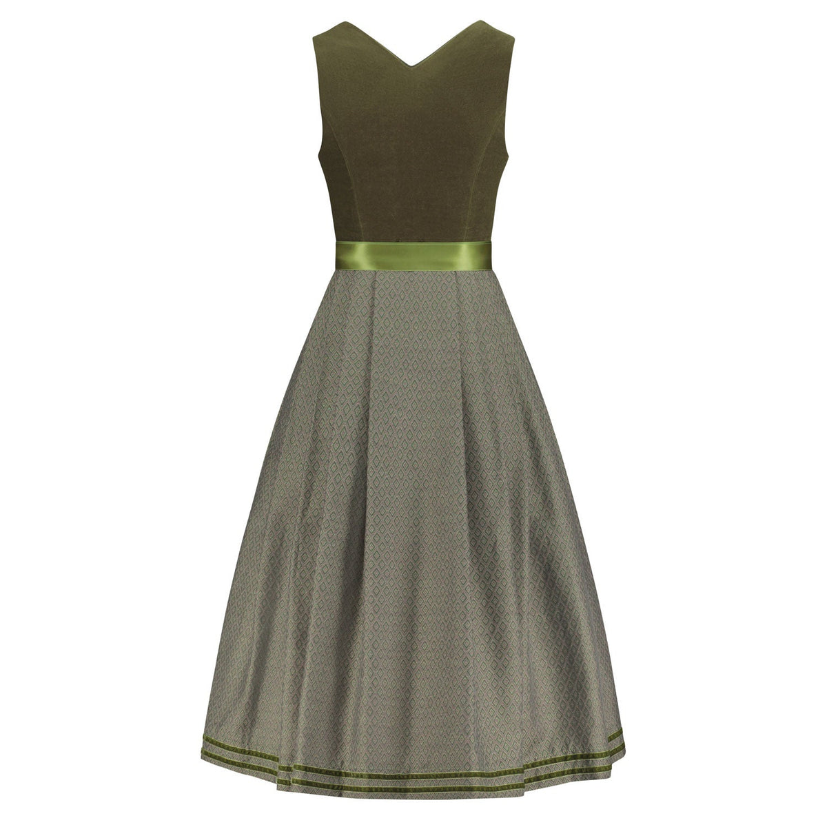 Rückansicht des Dirndl Mara in Grün mit stretchigem Samtmieder und schön fallendem Rock