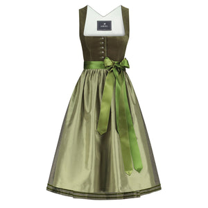 Samtdirndl Mara in Grün mit naturfarbener Seidenschürze und Satinbändern – elegantes Mididirndl aus Baumwollsamt