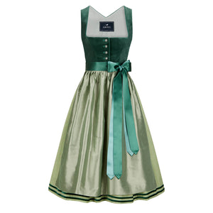 Samtdirndl Mara in Mint mit naturfarbener Seidenschürze und Satinbändern – elegantes Mididirndl aus Baumwollsamt