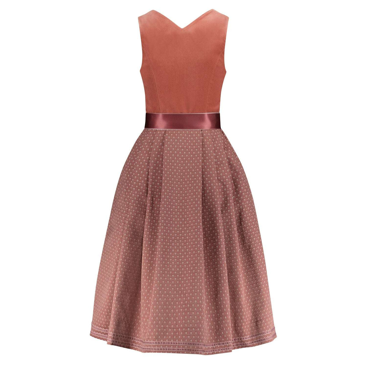Rückansicht des Dirndl Mara in Peach mit schön fallendem Rock und atmungsaktivem Samtmieder
