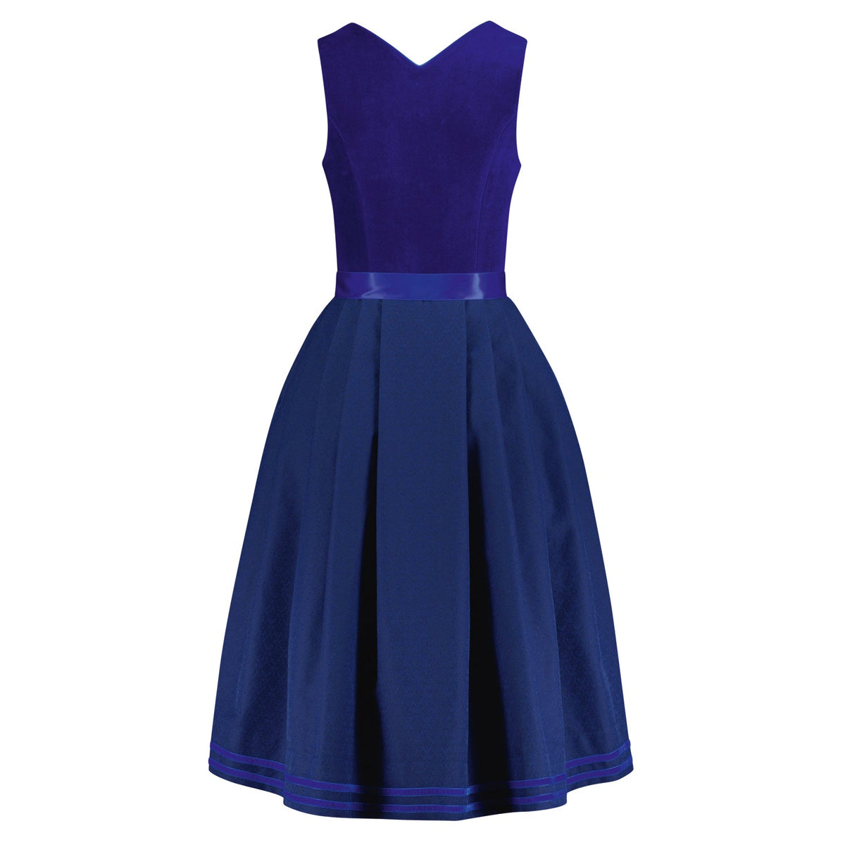 Rückansicht des Dirndl Marlene in Saphirblau mit stretchigem Samtmieder und Doupionseide-Schürze