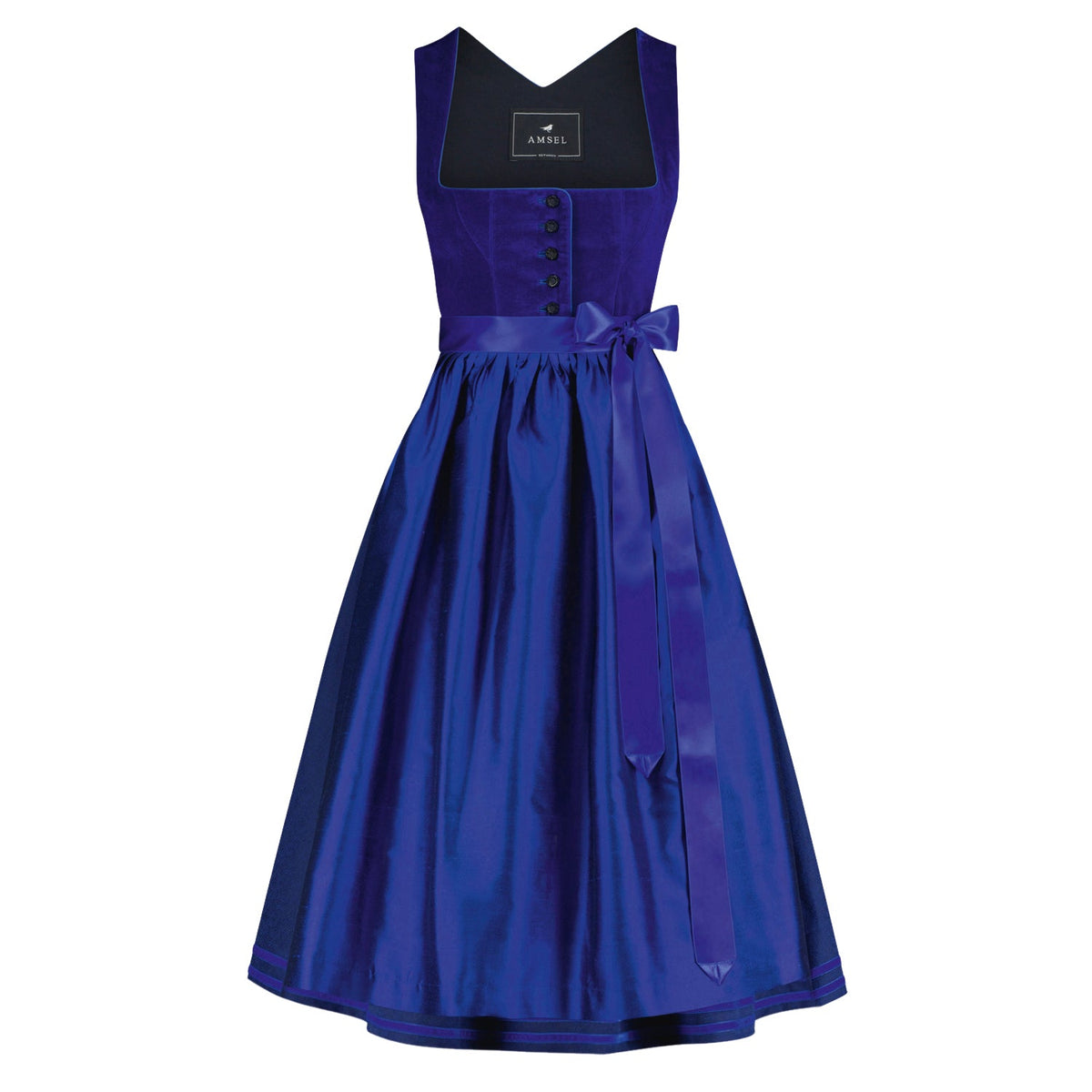 Samtdirndl Marlene in Saphir mit Seidenschürze und Satinbändern – Mididirndl aus Baumwollsamt