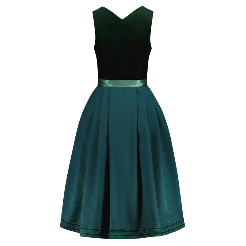 Rückansicht des Dirndl Marlene in Smaragdgrün mit atmungsaktivem Samtmieder und strukturierter Rockpartie