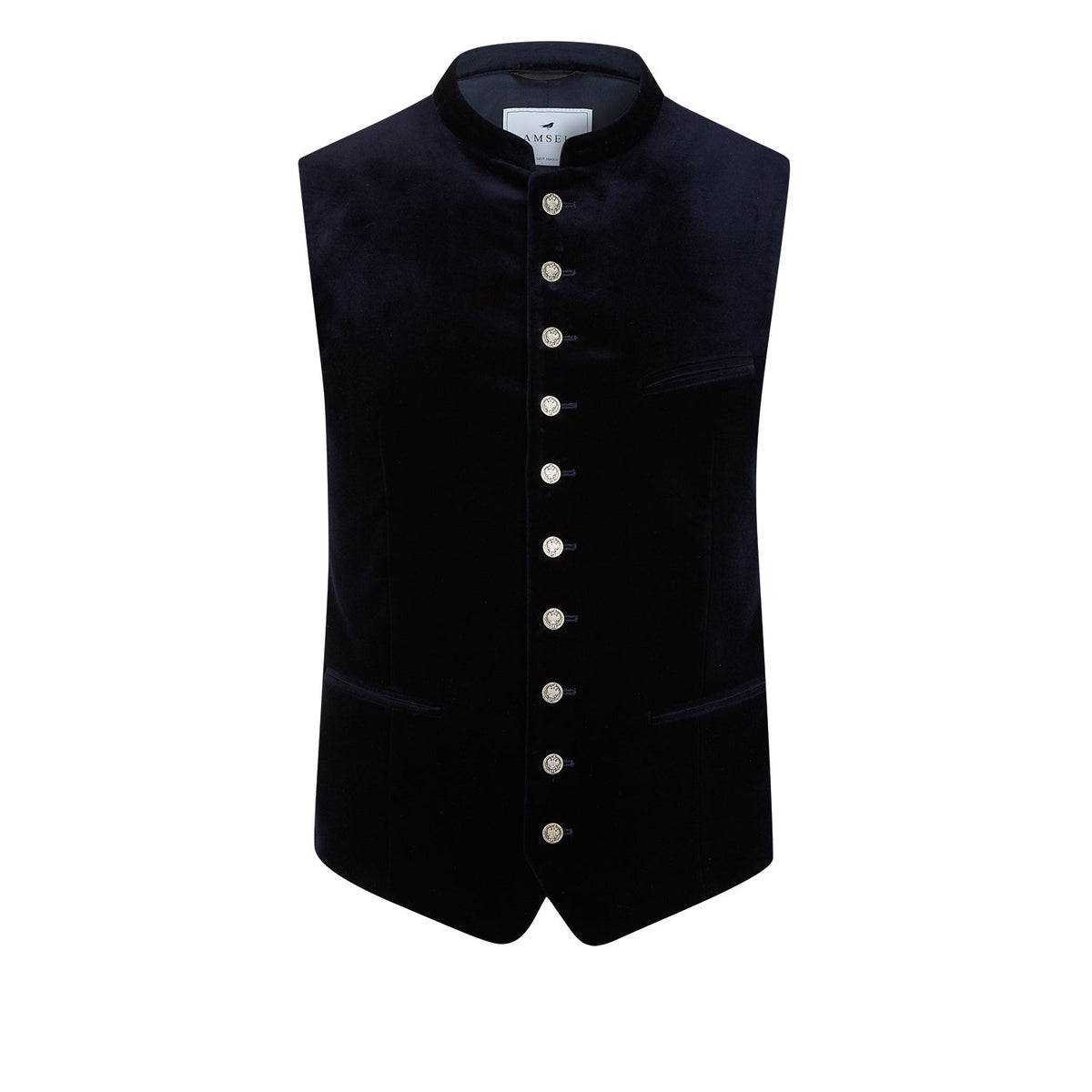 Edle Trachtenweste aus blauem Samt mit Münzknöpfen und Stehkragen von Amsel Fashion