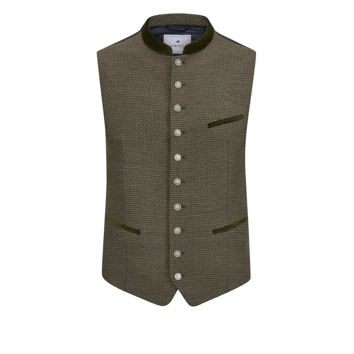 Trachtenweste Anselm Oliv von Amsel – stilvolle Weste mit feinem Muster, Samtkragen und Münzknöpfen