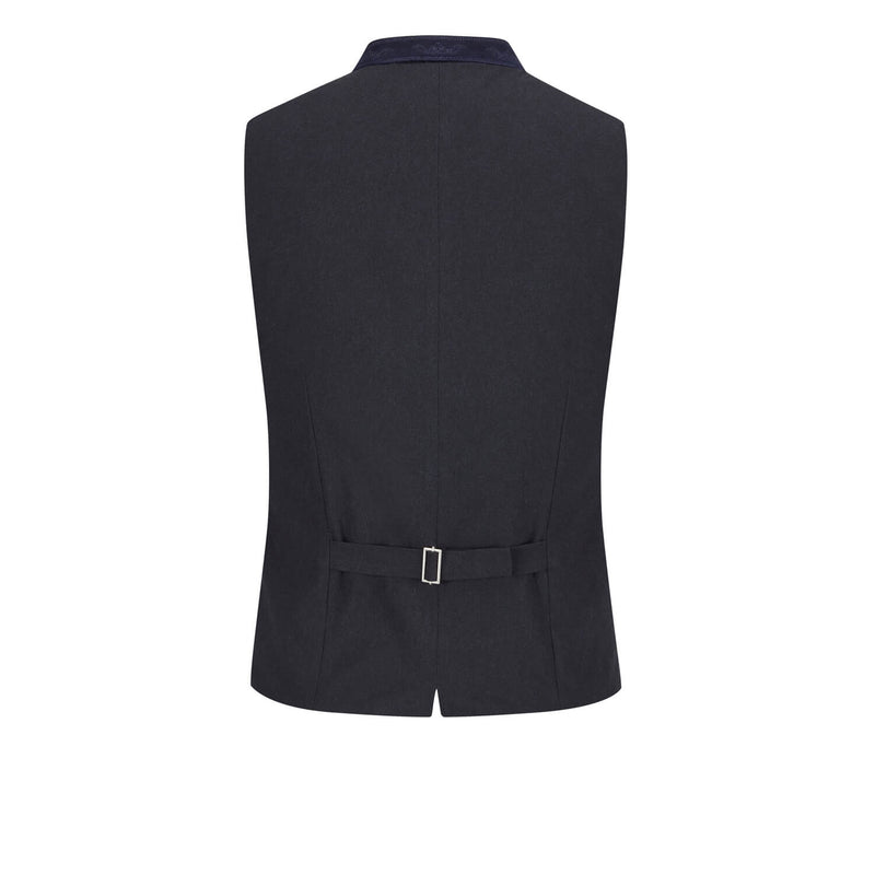 Rückenansicht in Blau mit Verstellriegel und besticktem Samtkragen – klassische Rückansicht der Weste