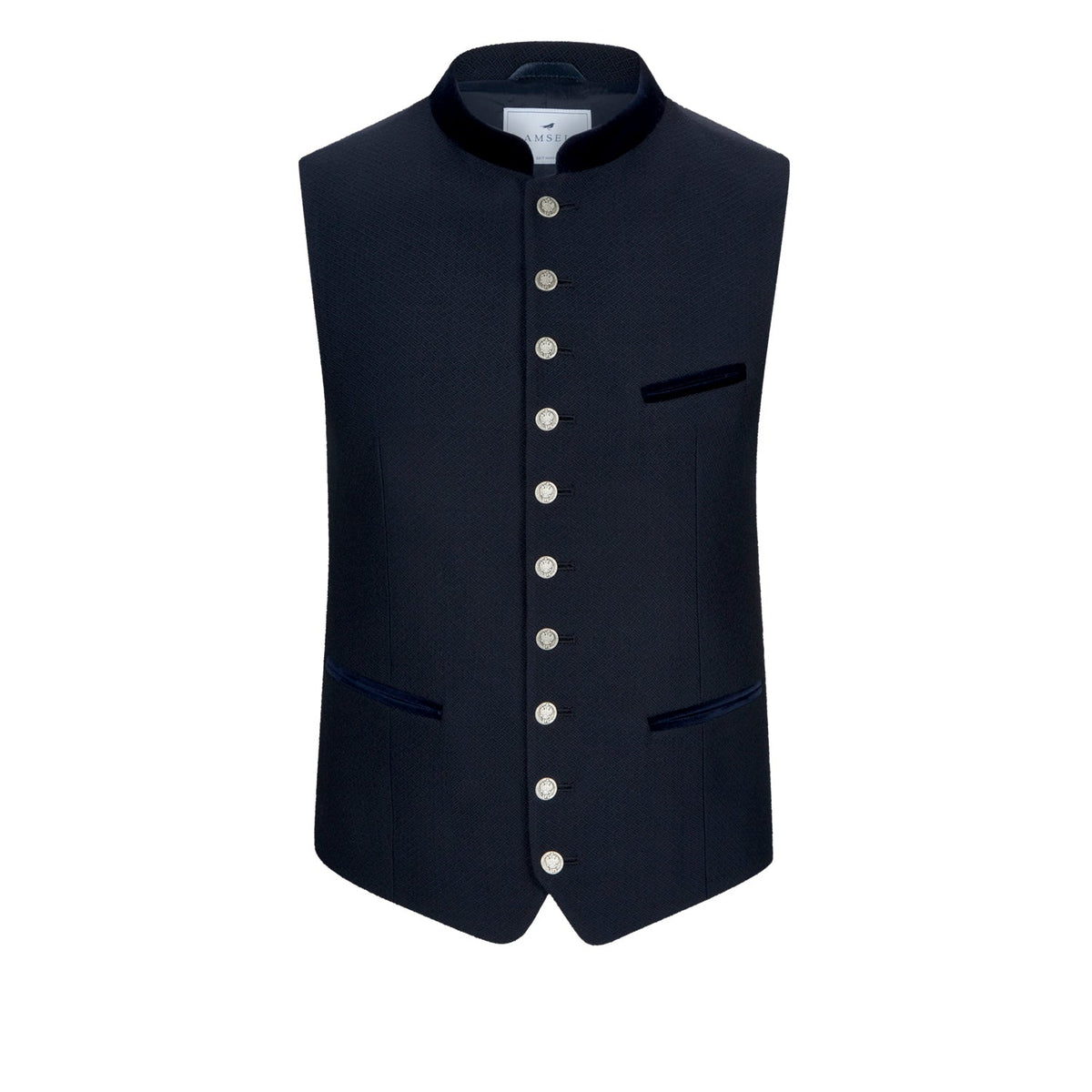 Dunkelblaue Trachtenweste mit Stehkragen, Strukturstoff und Samtpaspeln – elegante Vorderansicht