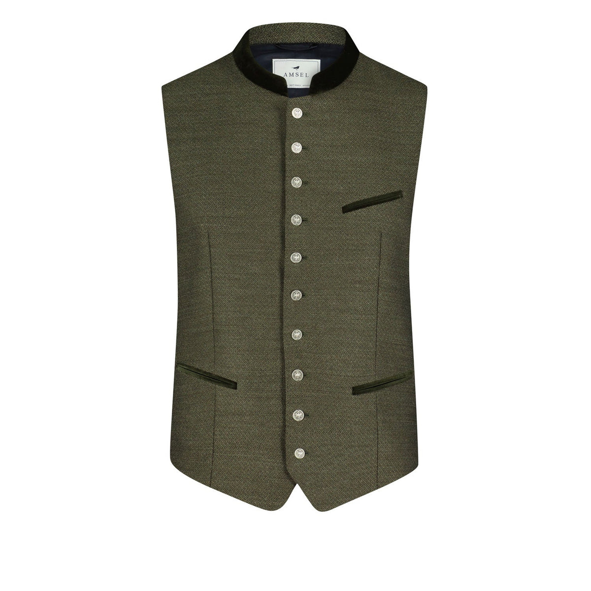 Amsel Trachtenweste Alex Oliv – elegante Weste mit feinem Fischgratmuster, Samtkragen und Münzknöpfen in Grün