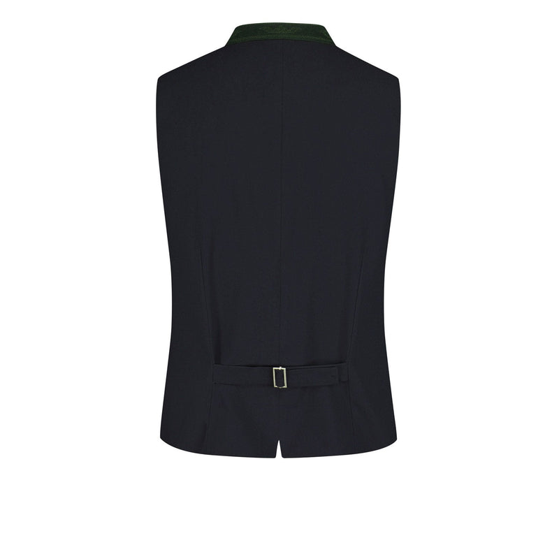 Rückansicht der eleganten Trachtenweste in Dunkelblau mit verstellbarem Riegel von Amsel