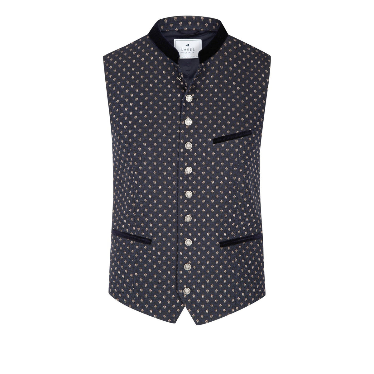 Dunkelblaue Trachtenweste mit dezentem Muster, Samtkragen und silberfarbenen Münzknöpfen – Vorderansicht