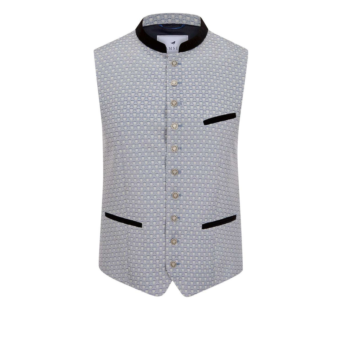 Vorderseite: Helle Hochzeitsweste mit Muster, schwarzem Samtkragen und silberfarbenen Knöpfen – Vorderansicht