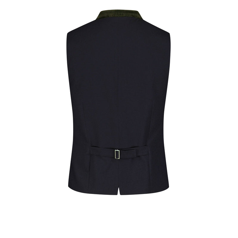 Dunkelblauer Rücken mit Riegel und olivfarbenem Samtkragen – klassische Rückansicht