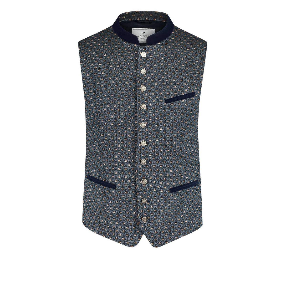 Mittelblaue Trachtenweste mit feinem Muster, Stehkragen aus Samt und silberfarbenen Münzknöpfen – elegante Vorderansicht