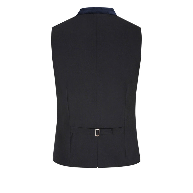 Rückansicht der eleganten Trachtenweste in Dunkelblau mit verstellbarem Riegel von Amsel