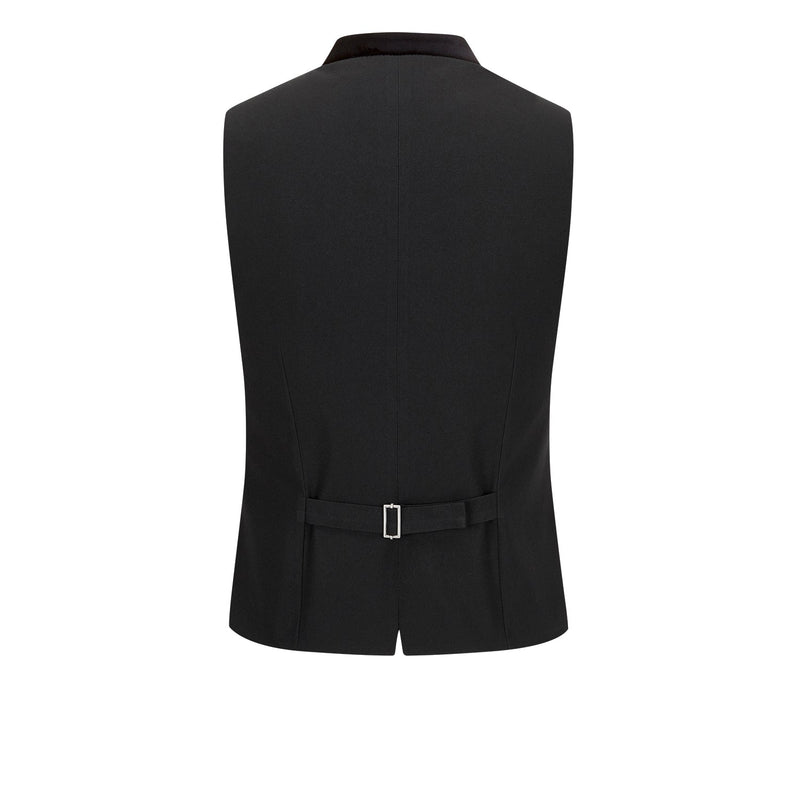 Rückansicht: Schlichter Rücken mit Riegel und Samtkragen – stilvolle Rückansicht der Weste Karl