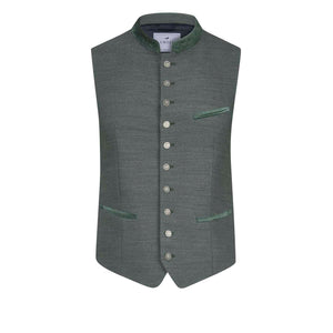 Trachtenweste Alex in Eucalyptus mit Samtkragen und Münzknöpfen – Vorderansicht