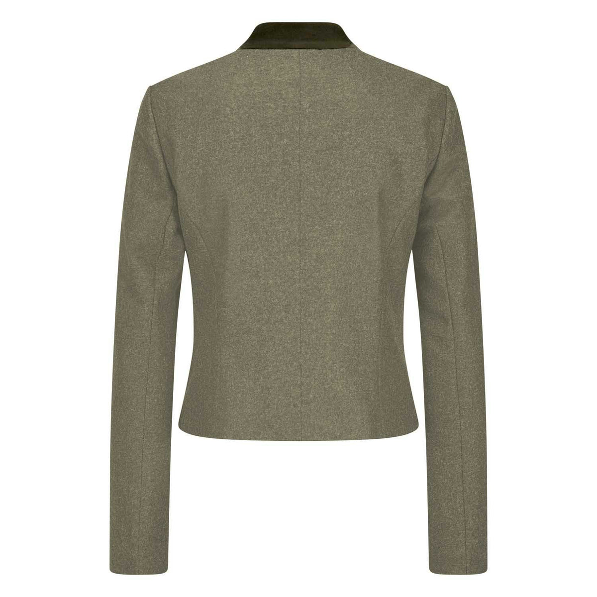 Rückansicht Damen-Trachtenblazer aus feinem Leichtloden in Schilfgrün mit olivgrün Samt-Stehkragen, taillierter Passform,  und langen Ärmeln – klassisch-elegant für Tracht und Alltag.