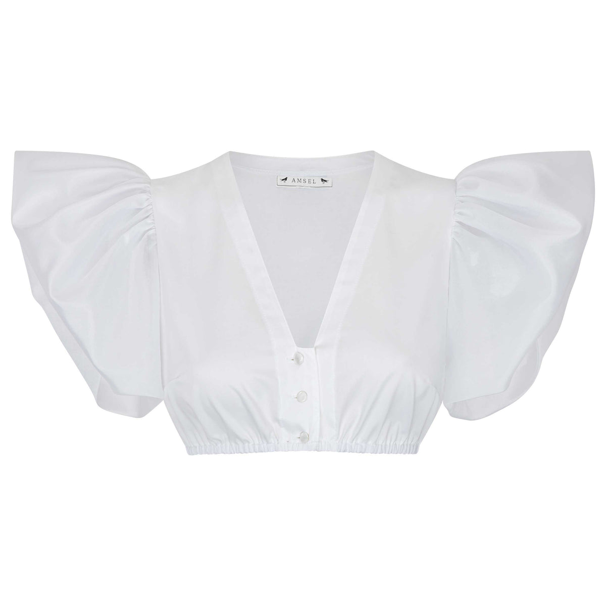 Weiße Dirndlbluse Fabiola mit V-Ausschnitt und zarten Chiffonärmeln – elegant und hochzeitlich