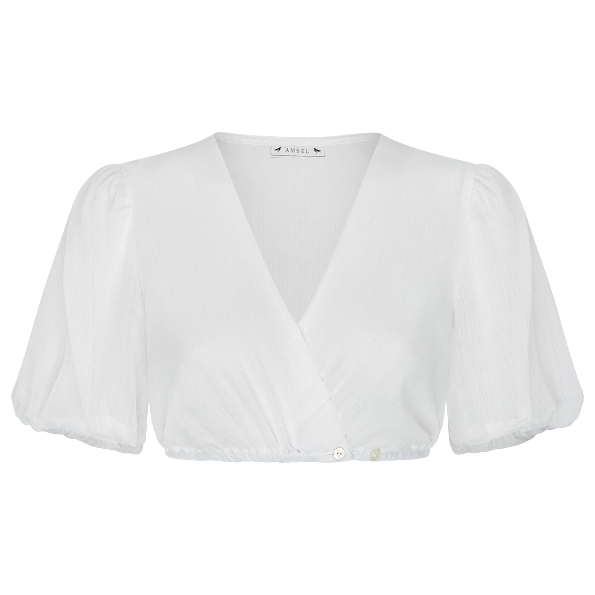 Weiße Dirndlbluse Lara mit V-Ausschnitt, leichtem Puffarm und superleichter Qualität – elegant und hochzeitlich