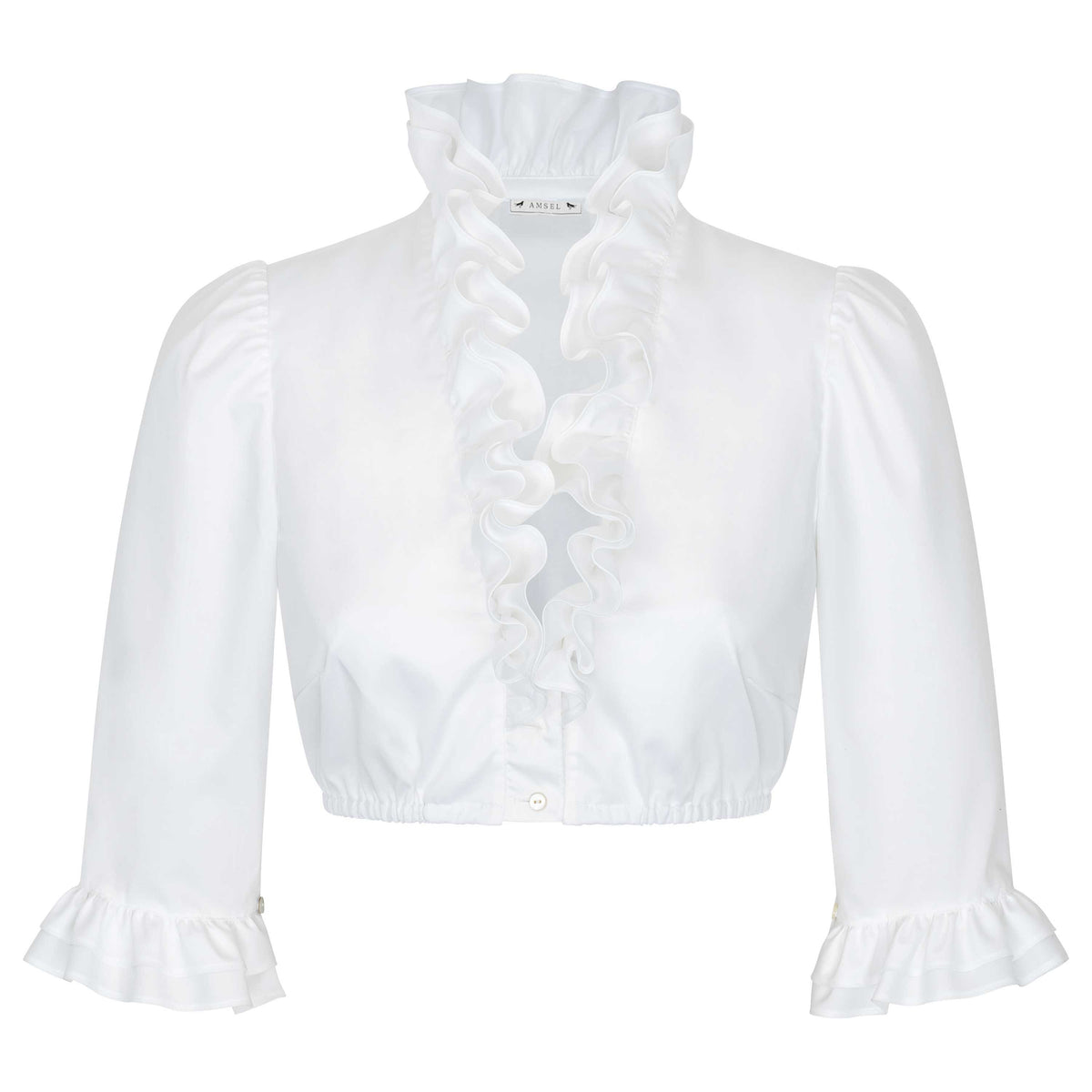 Weiße Dirndlbluse Malina mit extravaganten Rüschen, Stehkragen und langen Ärmeln