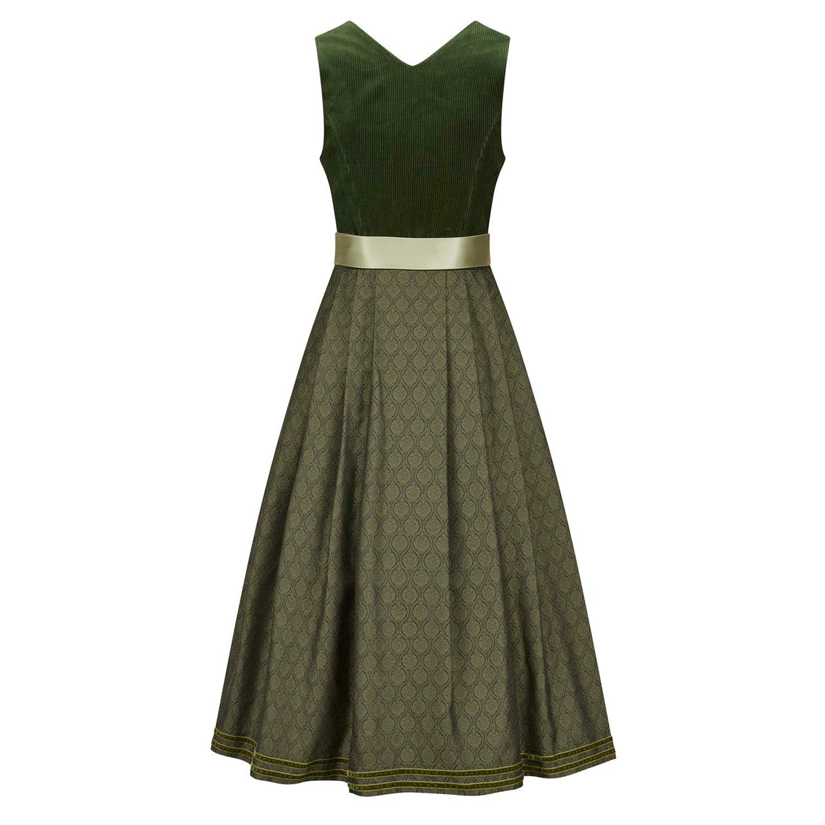 Langes Corddirndl in Oliv mit gemustertem Rock und schlichter Rückenansicht
