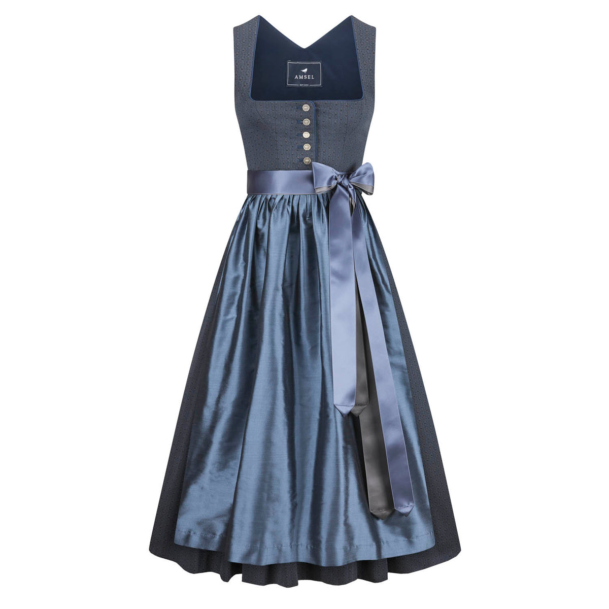 Dirndl Elisa Blaugrau – langes Dirndl in Blaugrau mit Jacquard-Muster und Seidenschürze, Vorderansicht
