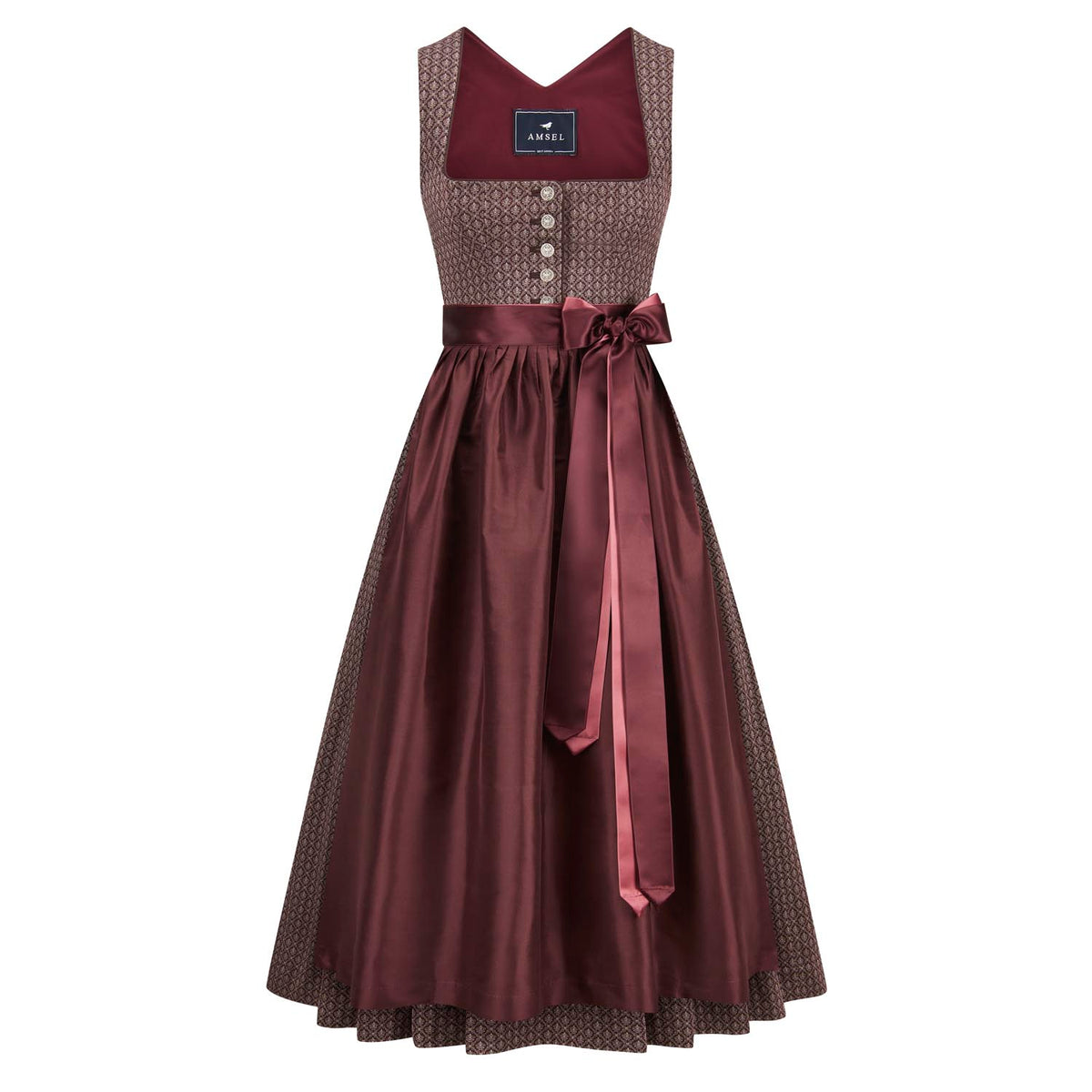 Dirndl Elisa Rot – langes Dirndl in leuchtendem Rot mit Jacquard-Muster und Seidenschürze, Vorderansicht"
